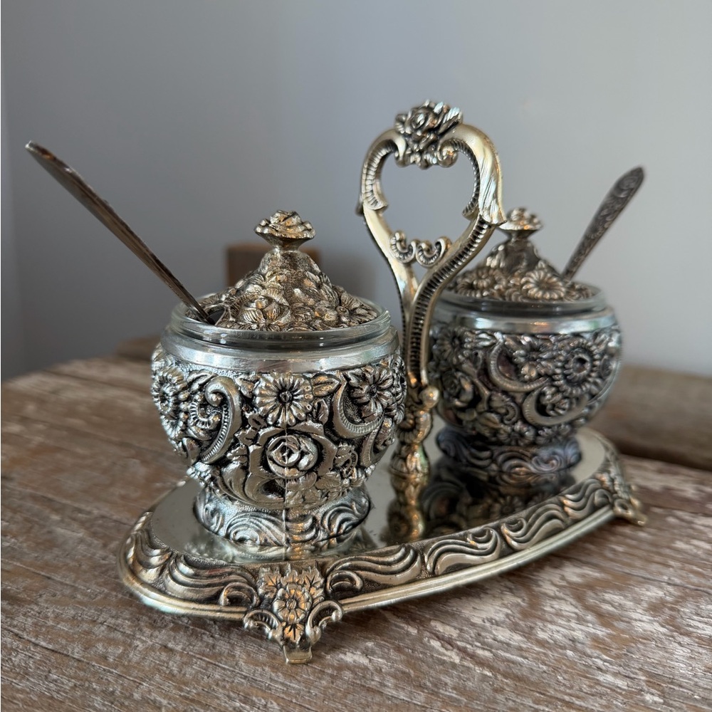 Vintage Harrison Fisher Silver-Plated Floral Condiment or Jam Set